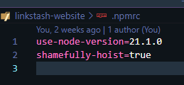 Screenshot of my .npmrc file with &ldquo;shamefully-hoist=true&rdquo; enabled